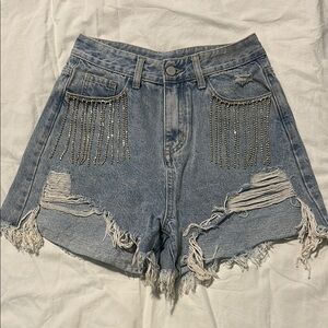 Cider Blue Vintage Jean Shorts with Distressed Details and Rhinestone Fringe